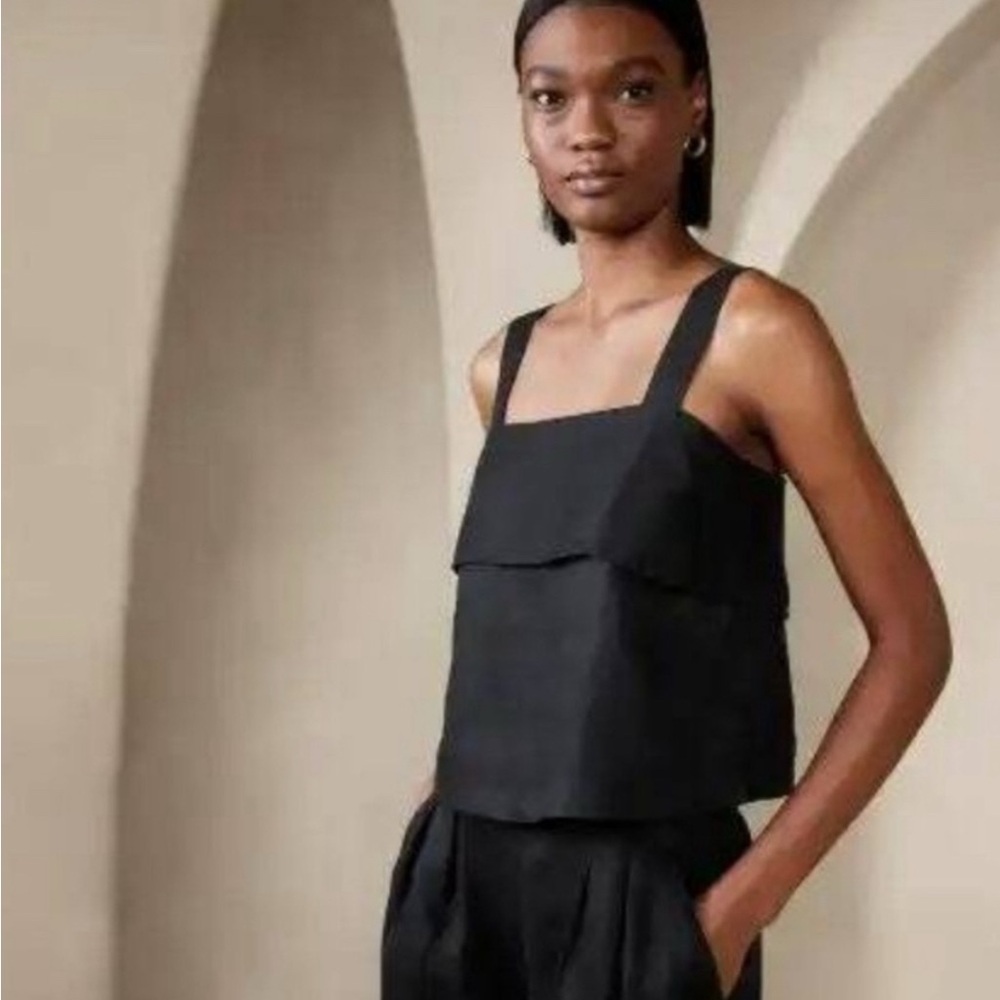 Banana Republic Square Neck Mia Linen Tank Top - Black XS NWT